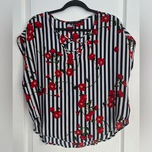 Sweet Rain Red/Navy/White Striped Floral Loose-Fit Blouse Sz Medium
